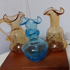 Vintage Glass Pitcher Set in Amber and Blue